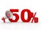 50% discount sale announcement with megaphone. 3d render