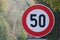 50 kilometer, Red and white road sign, Europe.