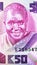 50 Kwacha banknote, Bank of Zambia, closeup bill fragment shows President Kaunda