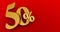 50% off. Fifty-fifty. Gold fifty percent. gold fifty percent on red background.