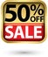 50% off sale golden label with red ribbon,vector illustration