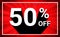 50% OFF Sale. White color 3D text and black shadow on red burst background design.