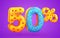 50 percent Off. Discount dessert composition. 3d mega sale symbol with flying sweet donut numbers. Sale banner or poster