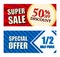 50 percent off discount super sale and special offer half price, two vouchers