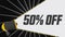 50 percent off. Megaphone in promotion banner. Advertising, marketing speech. 4K video animation