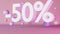 50 percent sale discount banner Hot offer Best price 3d rendering pink background neon light. Purple levitating spheres