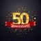 50 years anniversary logo template on dark background. Fifty celebrating golden numbers with red ribbon vector and confetti