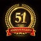 51st golden anniversary logo, with shiny ring and red ribbon, laurel wreath isolated on black background, vector design