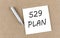 529 PLAN text on sticky note on cork board with pencil