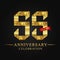 55th anniversary years celebration logotype. Logo ribbon gold number and red ribbon on black background.