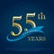 55th years anniversary celebration emblem. anniversary elegance golden logo with blue ribbon on dark blue background, vector