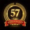 57th golden anniversary logo, with shiny ring and red ribbon, laurel wreath isolated on black background, vector design