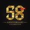 58th anniversary years celebration logotype. Logo ribbon gold number and red ribbon on black background.