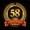 58th golden anniversary logo, with shiny ring and red ribbon, laurel wreath isolated on black background, vector design