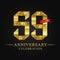 59th anniversary years celebration logotype. Logo ribbon gold number and red ribbon on black background.