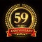 59th golden anniversary logo, with shiny ring and red ribbon, laurel wreath isolated on black background, vector design