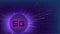 5G banner. New generation of telecommunication technology. Dark letters on purple sphere with burst. Blue Starry sky. Hight speed
