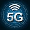 5G cellular mobile communication blue logo background with global network line link transmission. Digital transformation and