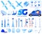 5G communication technology vector illustrations, cartoon flat towered telecommunication equipment set, wireless signal