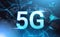 5g Internet Connection Speed Sign Over Futuristic Low Poly Mesh Wireframe On Blue Background
