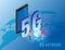 5G internet new mobile wireless technology wifi connection. Isometric smartphone with Earth planet letters 5g and tiny
