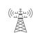 5G internet tower, telecommunications tower, satellite antenna grey icon.