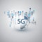 5G Network Label with Icons Representing Various Kind of Devices and Services - High Speed, Broadband Mobile Telecommunication