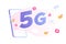 5G network wireless technology concept. A big 5G sign popping out smartphone. High speed mobile internet connection. New 5th