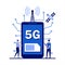 5G network wireless technology concept with character. People with gadgets using extreme high speed 5G internet connection. Modern