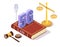 5G regulation and law vector concept illustration. Isometric 5G sign on the Law book, scales of justice, judge gavel.