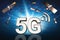 5G sign with satellites hovering above it. High speed mobile web technology, fast data transfers and new quality of internet speed