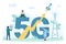 5G speed internet, network technology and communication of tiny people with devices