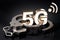 5G symbol in handcuffs. Legal problems around careers, operators, bills, for high speed networks concept. 3D rendering