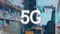 5g text over multiple neon round scanners against forklift vehicle at warehouse