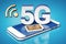 5G white letters standing on a simplified smartphone with sim card next to it. Blue background with copyspace. 3D rendering