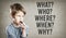 5W questions, what, who, where, when, why, Boy on grunge background