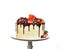 6 Birthday sweet cake with chocolate drips and fresh fruits Raspberry strawberry blueberry cranberry isolated on a white