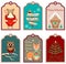6 Christmas gift tags with bear, bird, gingerbread house, owl, fox and tree. Set of holiday labels.