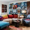 6 An eclectic, vintage-inspired living room with a mix of colorful upholstery, a mix of patterned and solid throw pillows, and a