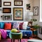 6 An eclectic, vintage-inspired living room with a mix of colorful upholstery, a mix of patterned and solid throw pillows, and a