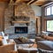 6 A rustic chic living room with a stone fireplace, wooden beams, and cozy seating3, Generative AI