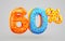 60 percent Off. Discount dessert composition. 3d mega sale symbol with flying sweet donut numbers. Sale banner or poster