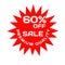  60 percent off sale premium quality red star tag isolated 3d. Discount offer price label, symbol for advertising in retail.