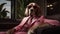 60\\\'s style, fashionable dog in pink suit sitting in leather chair with dark glasses, looking at camera. AI generated