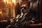 60\\\'s style, fashionable dog in suit sitting in chair with dark glasses, looking at camera. Concept Gangster, AI generated