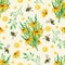 6027 Watercolor wild yellow flowers, wild cereals and bees gentle, calm seamless pattern on light background