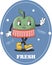 60s Fruit Funny Retro Hippie Groovy Cartoon Apple. Label with Comic Character. Groovy Summer Vector Sticker. Sweet Juicy