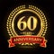 60th golden anniversary logo, with shiny ring and red ribbon, laurel wreath isolated on black background, vector design