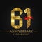 61st anniversary years celebration logotype. Logo ribbon gold number and red ribbon on black background.