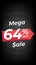 64 percent off. Black discount banner with sixty-four percent. Advertising for Mega Sale promotion